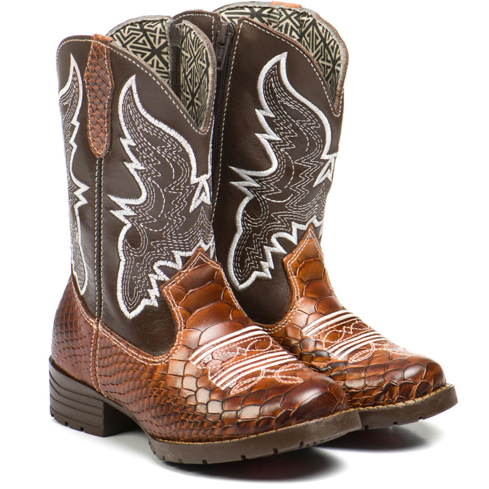 Botinha Country Texana Infantil Bota Botina Couro Croco Escamado Cano Médio Com Zíper Cano Médio Casual Rodeio Festra do Peão Mini Cowboy Texana