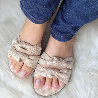 Rasteira Feminina Bege Juta, macia chinelo de pano confortável