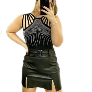 Body tiras cavado aplicações brilhos poliéster feminino moda