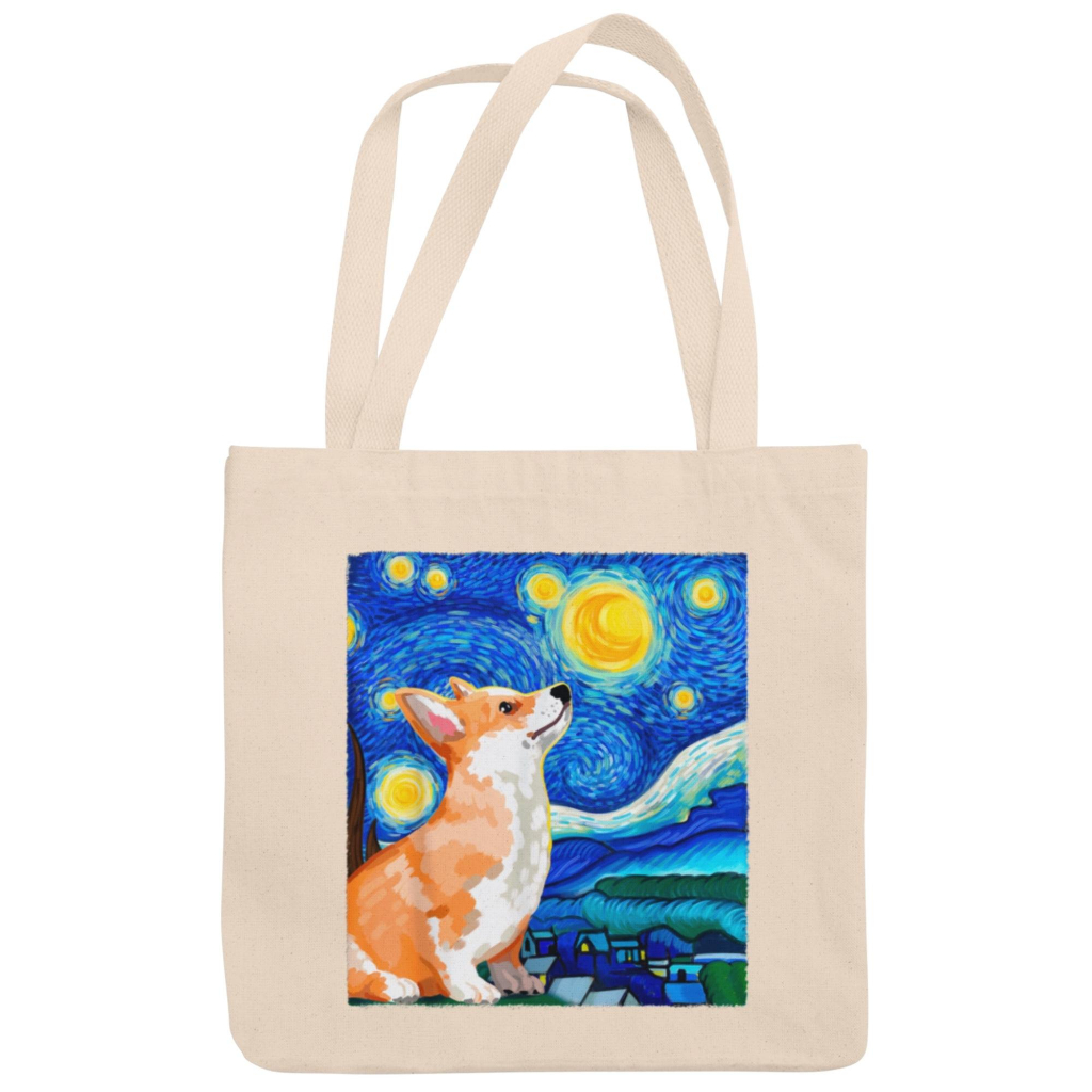Bolsa Sacola Ecobag Com e Sem Zíper Obra de Arte Noite Estrelada Corgi Dog Doguinho 100% Algodão Arte.450