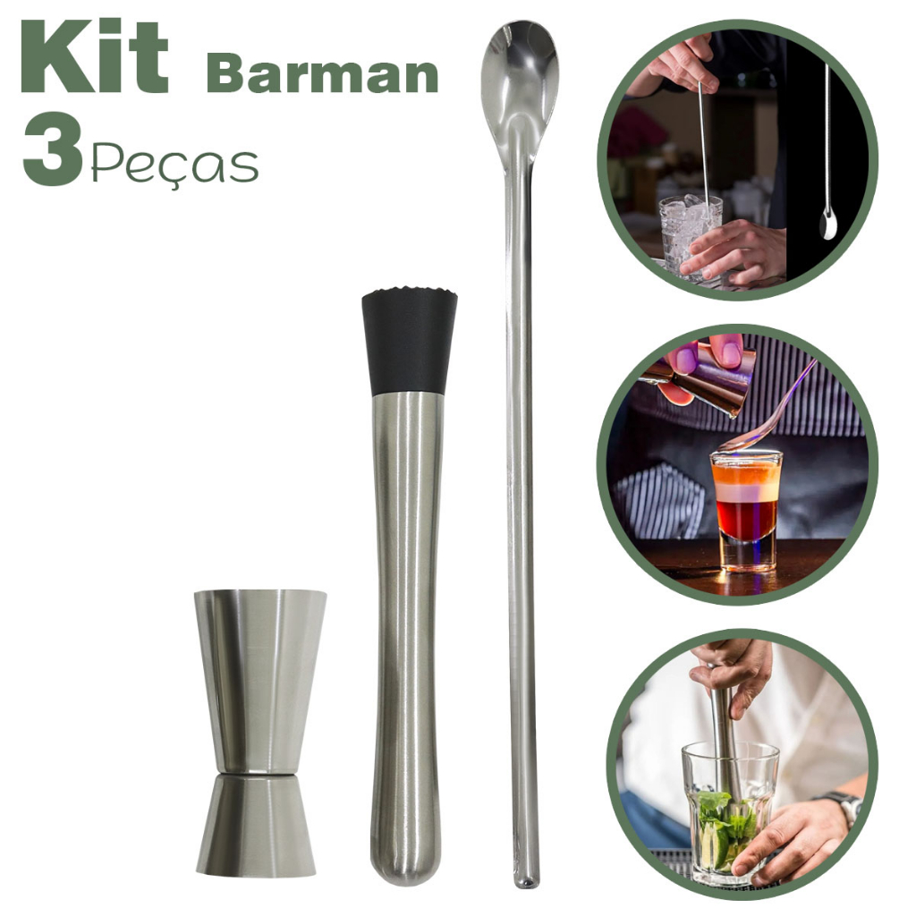 Kit Colher Bailarina Dosador Duplo E Socador Aço Inox P/ Drinks Bartender Bar Gin