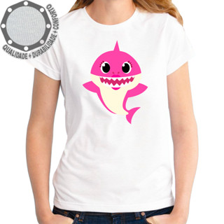 Camiseta Baby Shark Rosa Camisa Personalizada Infantil Juvenil Adulto Baby Look Plus Size Algodão com Poliéster