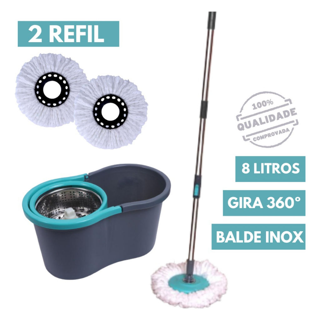 Balde Spin Mop Giratório Cesto Inox Esfregão + 2 Refil