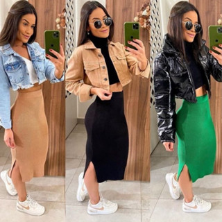 Saia Midi de Tricô Modal Tendência Verão Fenda Lateral Blogueira Moda Verão