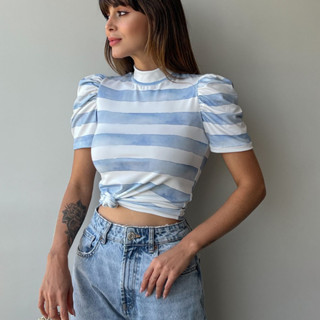 Blusa Listrada Branco e Azul Básica Feminina Gola Alta Manga Princesa Bufante Malha Suplex Estampada