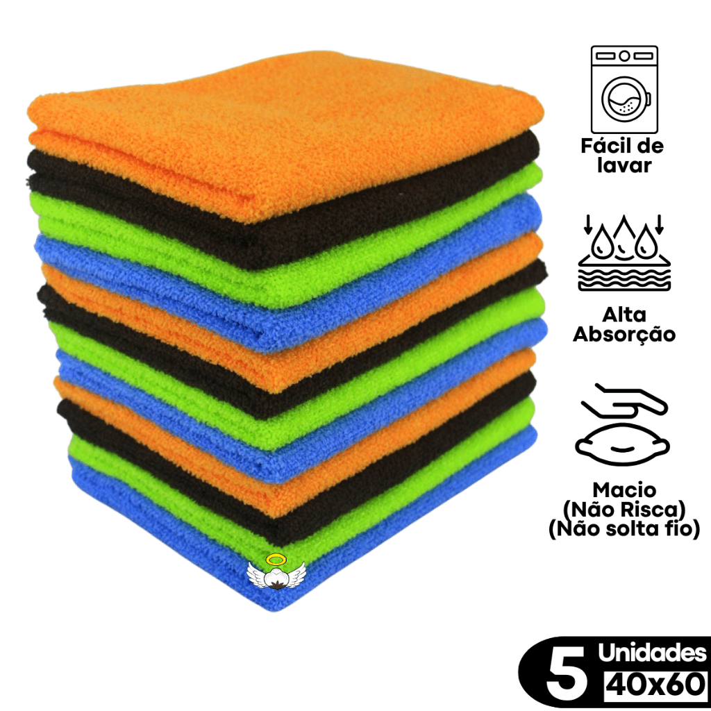 Kit C/ 5 Panos Microfibra 40x60 limpeza em Geral Multiuso