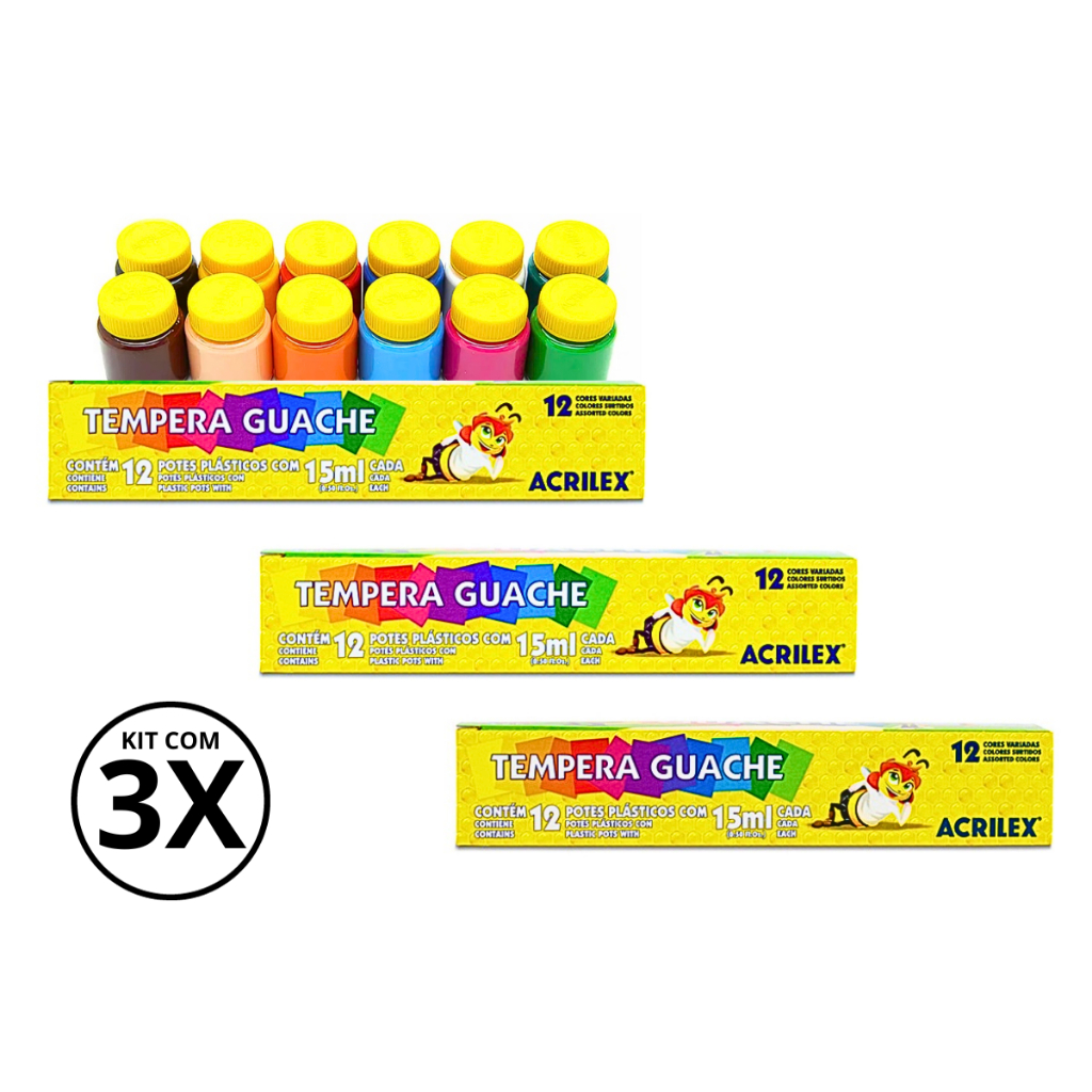 KIT 3 Tinta Guache Acrilex- Caixa Com 12 Cores 15Ml Cada - ACRILEX em Oferta na Shopee