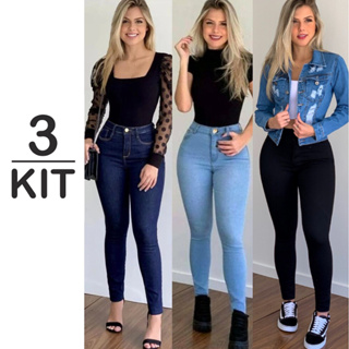 Kit 3 Calças Jeans Feminina > Elastano, Cintura Alta com Modelagem Skinny  > Enviamos no mesmo dia em Oferta na Shopee