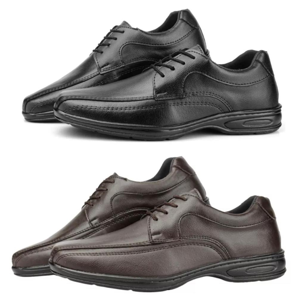 Kit 2 Pares Sapatos Social Masculino Ortopédico de Couro Super Cofortável com Palmilha Confort Plus
