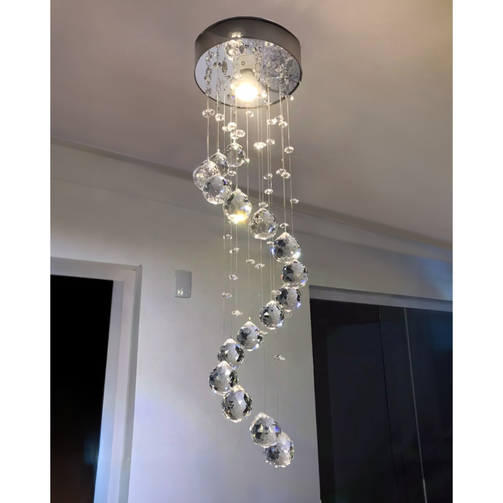Lustre Pendente Espiral em Cristal K9 Alto Brilho 120cm Base Inox 15cm – Vai Montado GU10