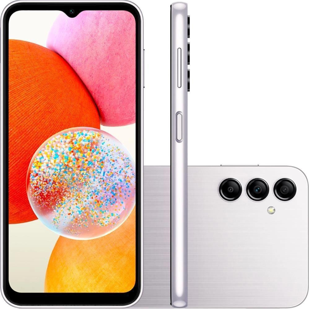 Smartphone Samsung Galaxy A14 128GB 4G Wi-Fi Tela 6.6" Dual Chip 4GB RAM Câmera Tripla + Selfie 13MP - Prata e Preto (Celular Novo Barato Samsung)