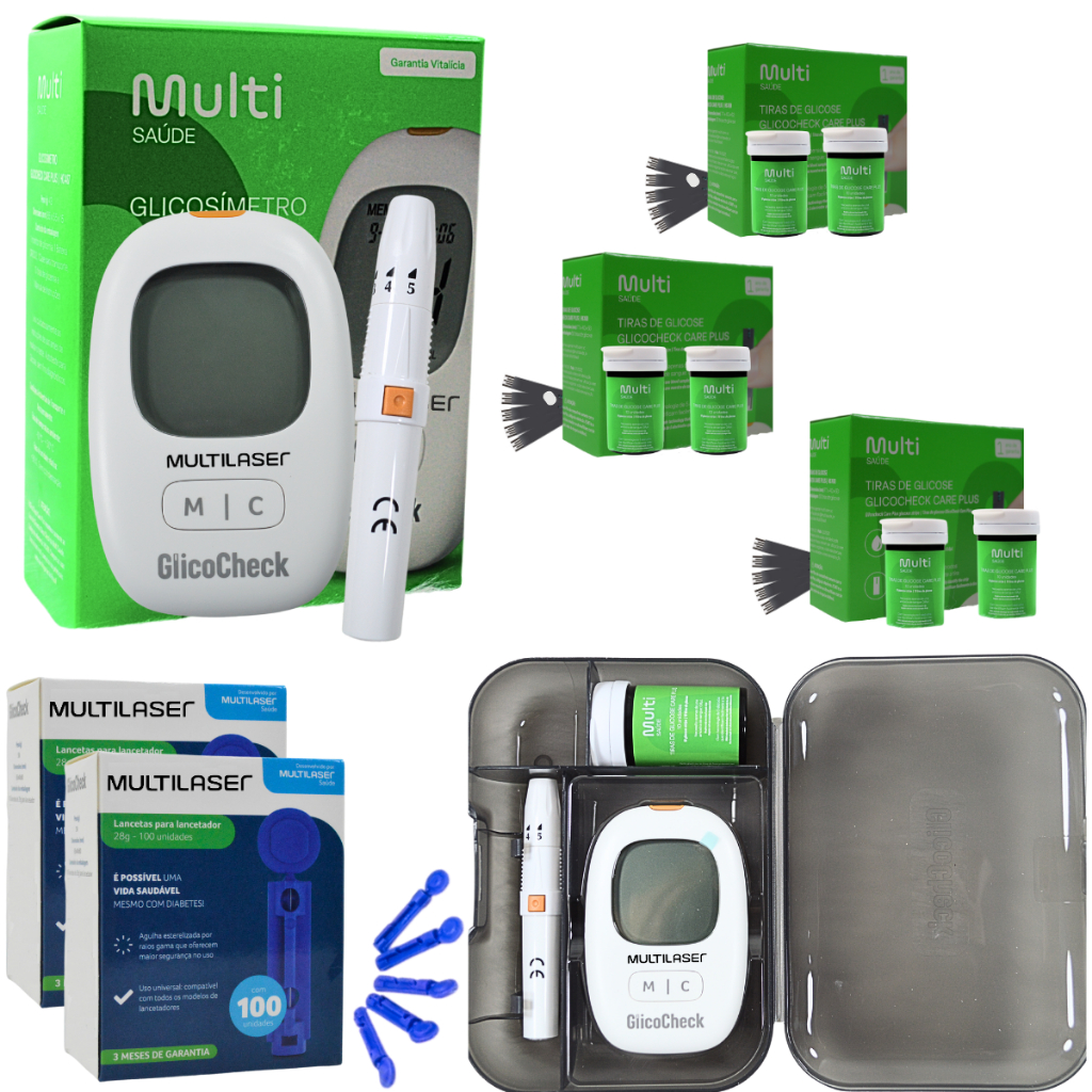 Kit Medidor Glicemia Glicose Tiras Aparelho Medir Diabetes Multilaser 150 Tiras + 200 Lancetas