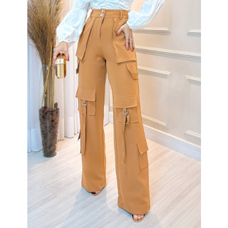 Calça Feminina Social Alfaiataria Cintura Alta com Bolsos e Bolso Lateral
