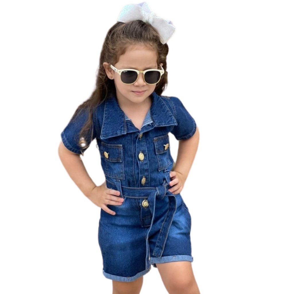 Macaquinho jardineira   curto jeans menina infantil branco amarelo