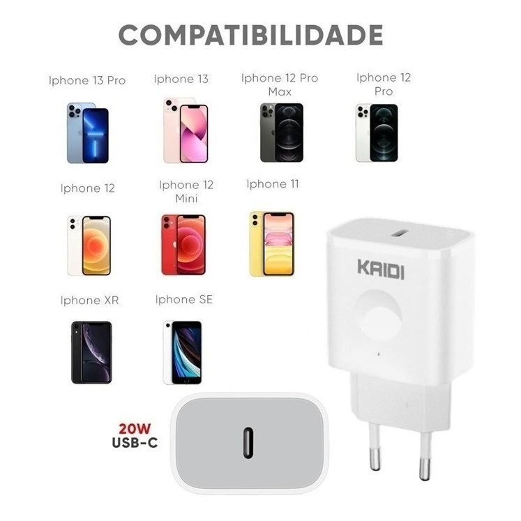 Carregador Usb-c 20w Original Kaidi Para iPhone XR 11 12 13 Carregador Para Iphone Original Turbo, Carregue Seu Celular Rapidamente, Com Esse Carregador Potente