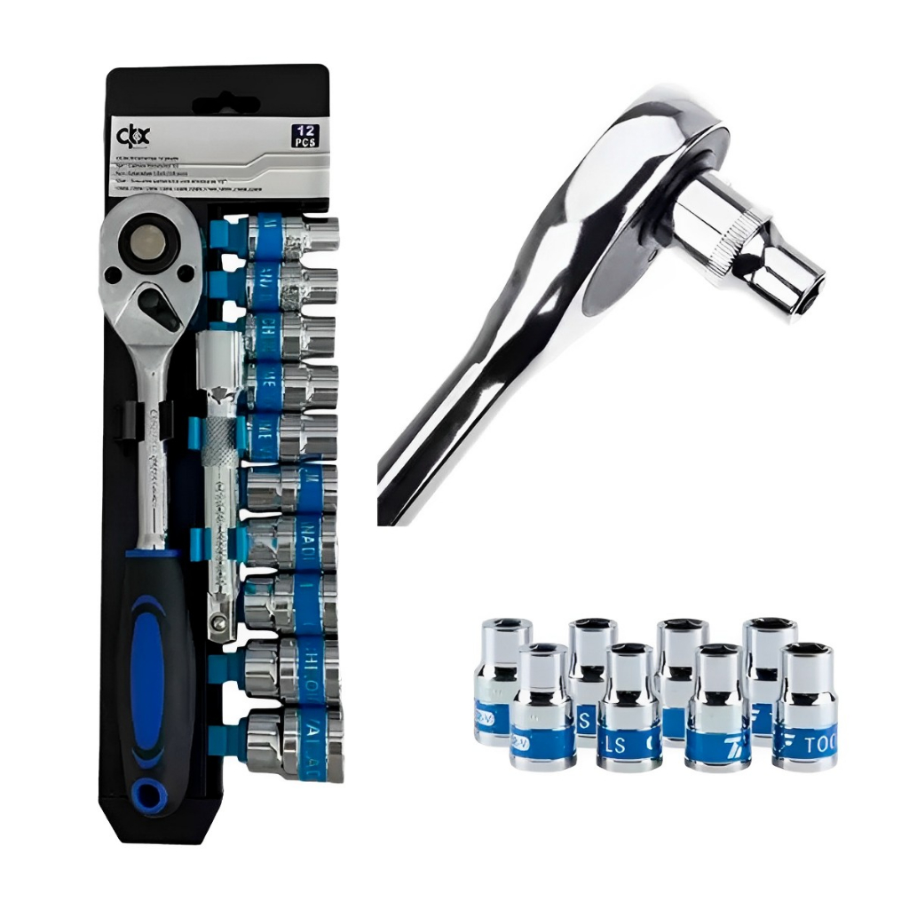 Jogo Soquete Catraca Reversível 12pçs 10 a 22mm Aço Cromo