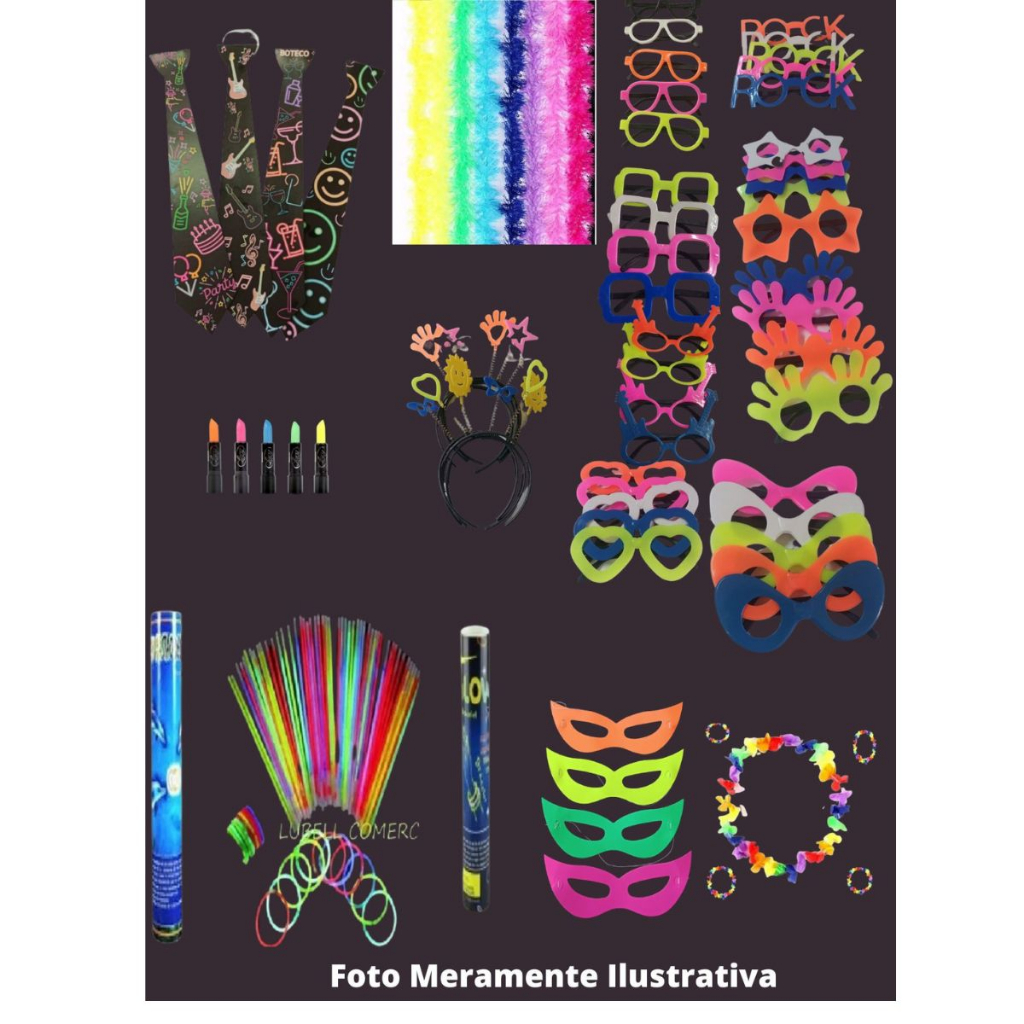 Kit Balada Festa 10 Tiara 10 Óculos 100 Pulseira 10 Plaquinha 40 Máscaras 5 Potinhos 4 gr Maquiagem Neon