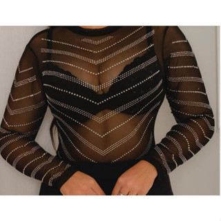 Body Tule Transparente Em Strass Pedraria VV Manga Longa Brilho - Body Strass E PRETO LISO E BRANCO LISO