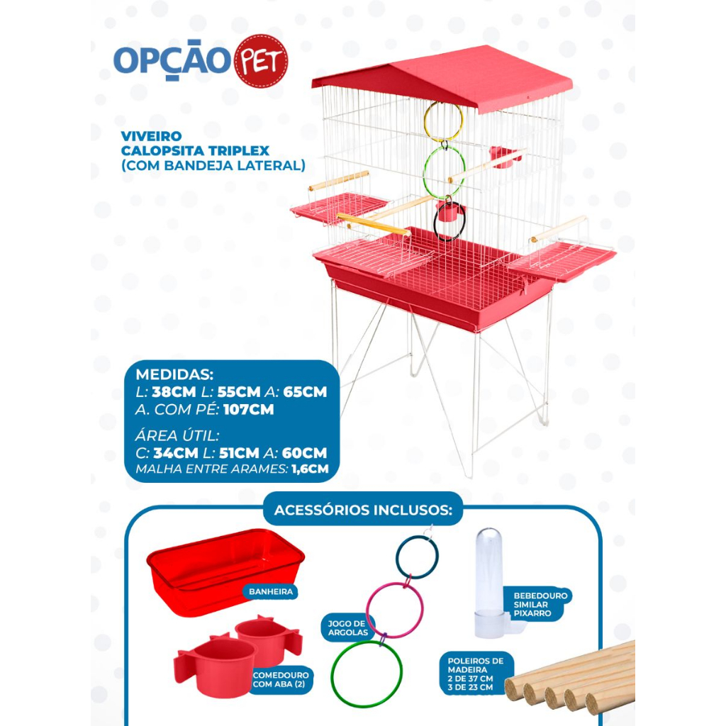 Viveiro Tríplex Grande para calopsita, papagaio e pássaros médios, com jogo de argola colorida na cor Vermelho OPÇÃO PET
