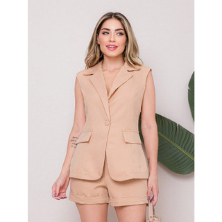 Liu Fashion Conjunto Feminina Colete Com Shorts Blazer Alfataria Elegante 2024 Verde Rosa Marrom Cinza Roxo Azul Royal