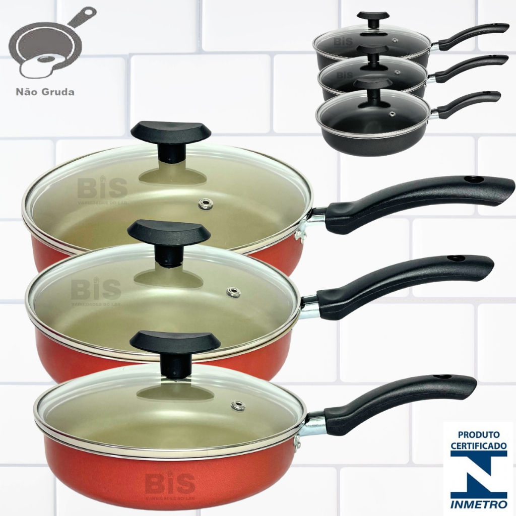 Conjunto Frigideira Antiaderente Com Tampa De Vidro Kit Jogo com 3 Peças Teflon 18/20/22cm...