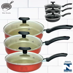 Conjunto Frigideira Antiaderente Com Tampa De Vidro Kit Jogo com 3 Peças Teflon 18/20/22cm Vermelha ou Preta