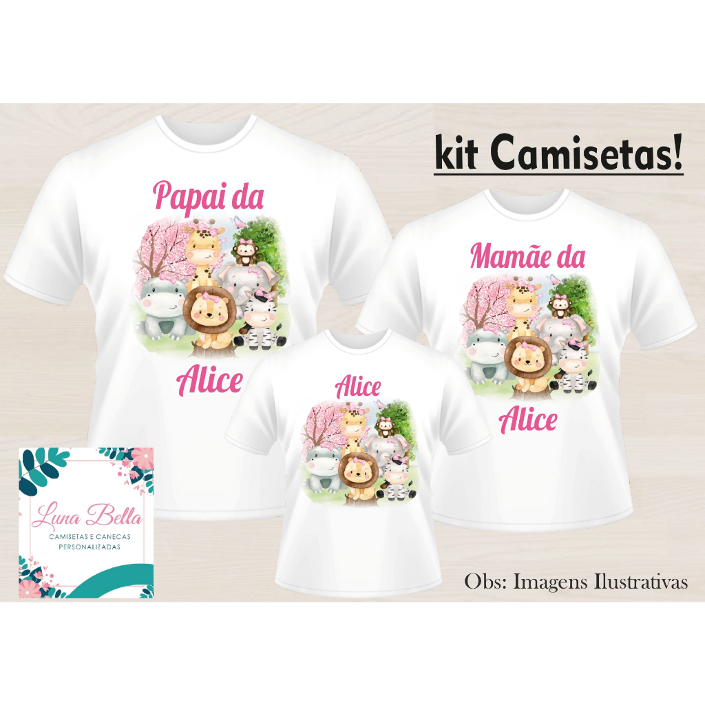 Kit 3 Camisetas Personalizadas Aniversário Safári Menina Adulto e Infantil