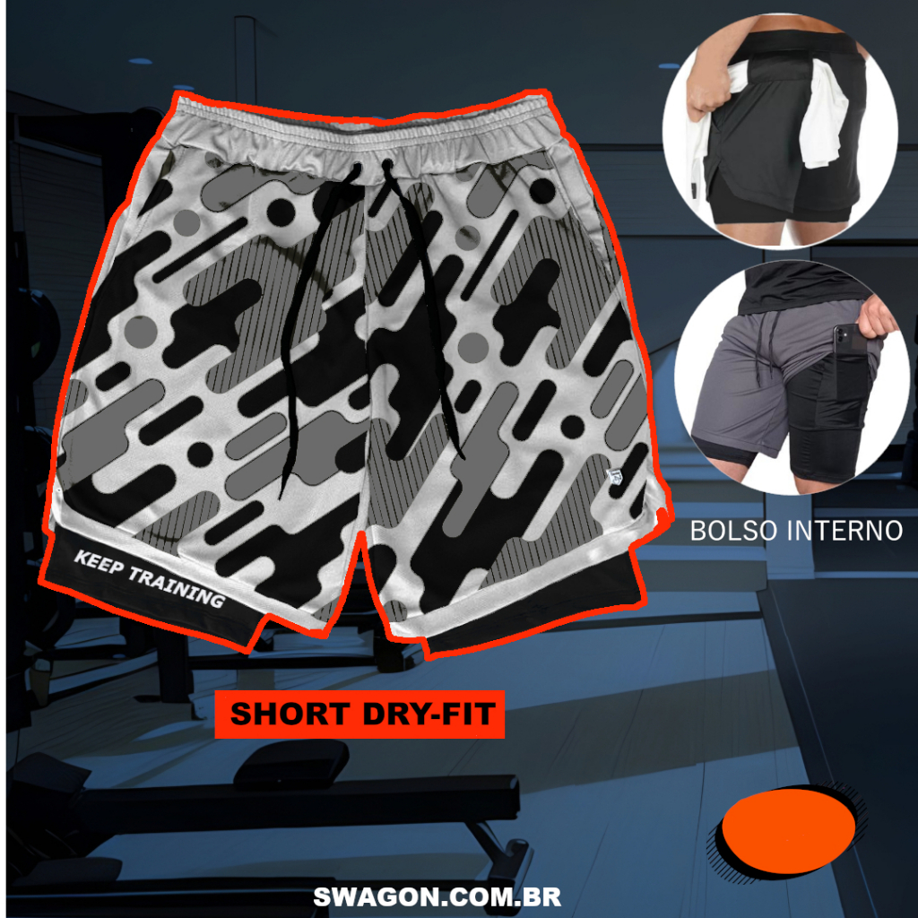 Short de Academia Treino Compressão 2 em 1 Dry-Fit Musculação Bermuda Masculina Preto Militar