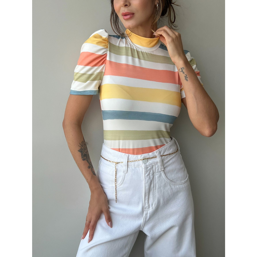 Blusa Listrado Laranja Queimado Básica Feminina Gola Alta Manga Princesa Bufante Suplex Estampada — imagem 2 de 2