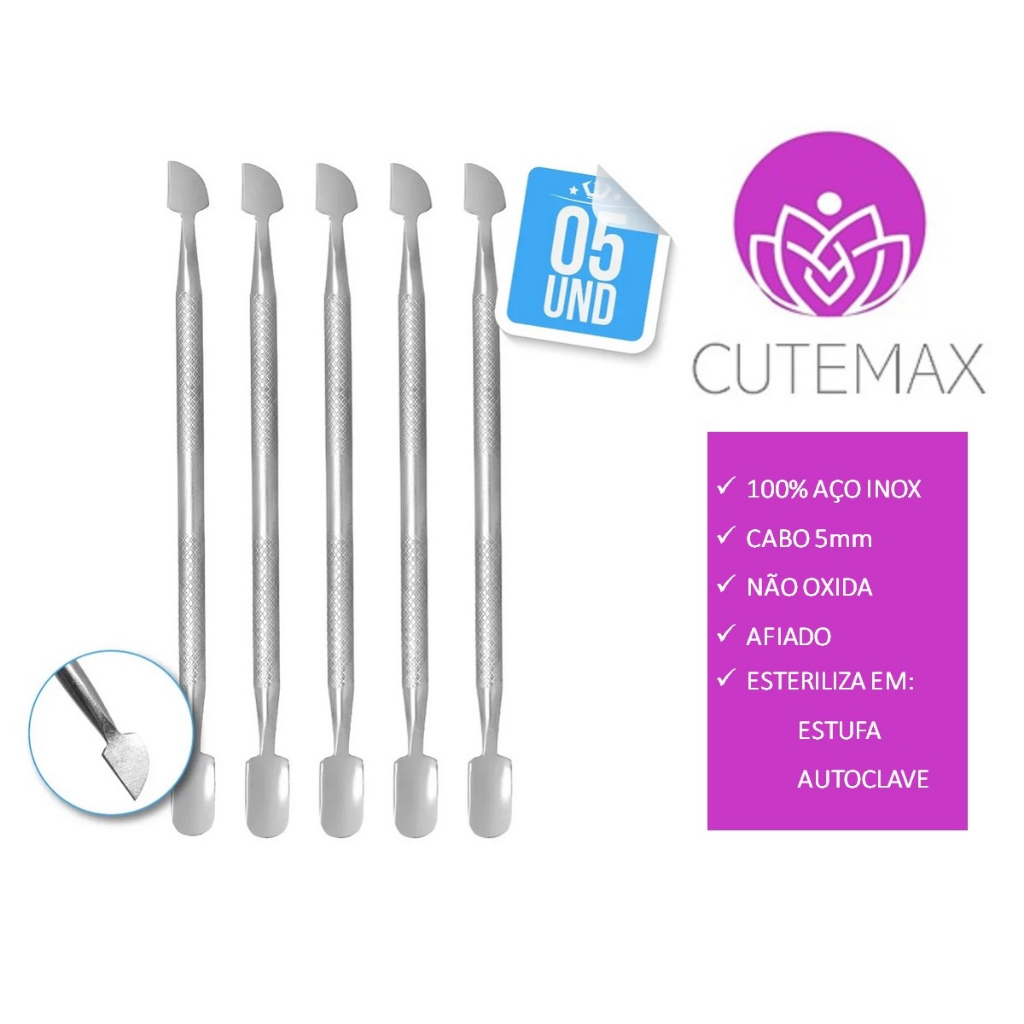 Kit 5 Espátula Dupla Empurrador Inox Profissional Manicure e Pedicuro Cutemax em Oferta na Shopee