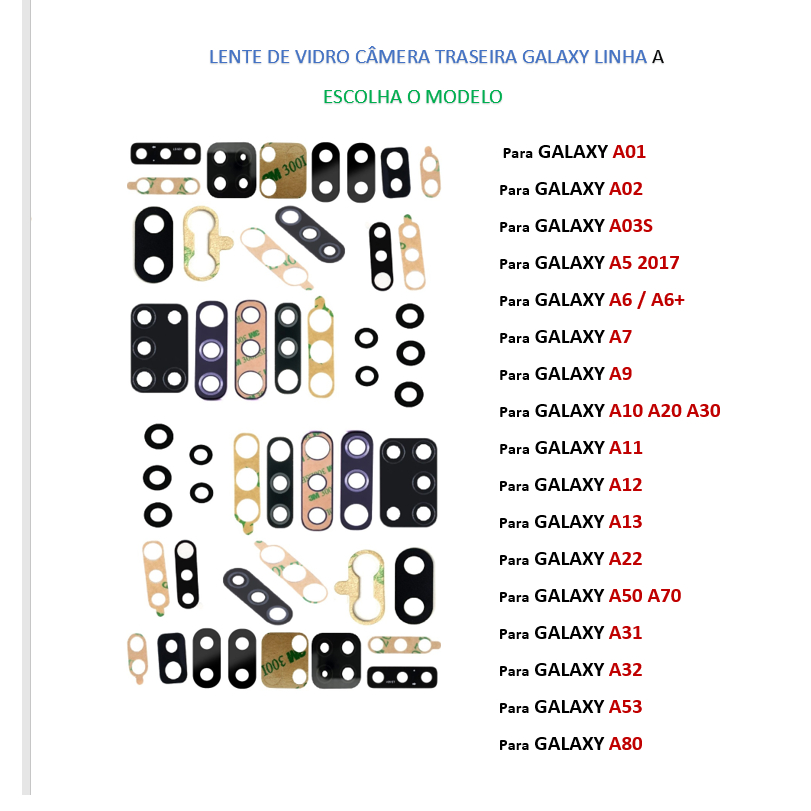 Lente Vidro Da Câmera Traseira Para Samsung Galaxy A01 / A02 / A02s / A03 / A03s / A5 / A6 / A6+ / A7 / A9 / A10 / A11 / A12 / A20 / A21 / A22 / A23 / A33 / A13 / A31 / A50 / A53 / 80