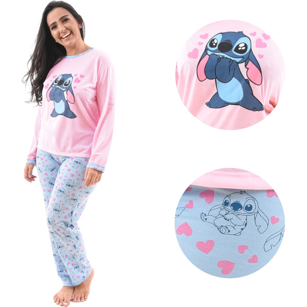 Pijama Longo Feminino Confortavel Frio Bonito Adulto Calça e Manga Comprida Linda Morena