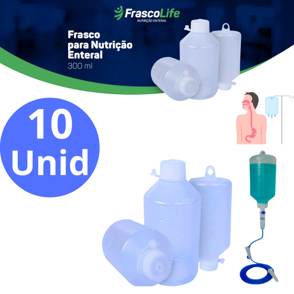 Kit 10 Frasco Para Alimentação Dieta Enteral E Nutrição 300ml C/ Alça Graduação 10 em 10 ml