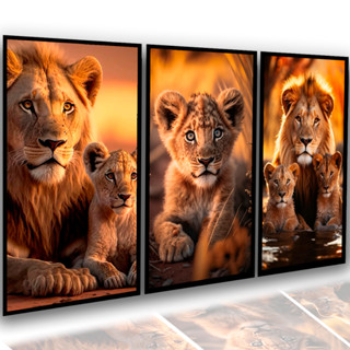 Quadro Decorativo Sala Leão Família Leoa Filhote Animais Mdf Quarto Moderno