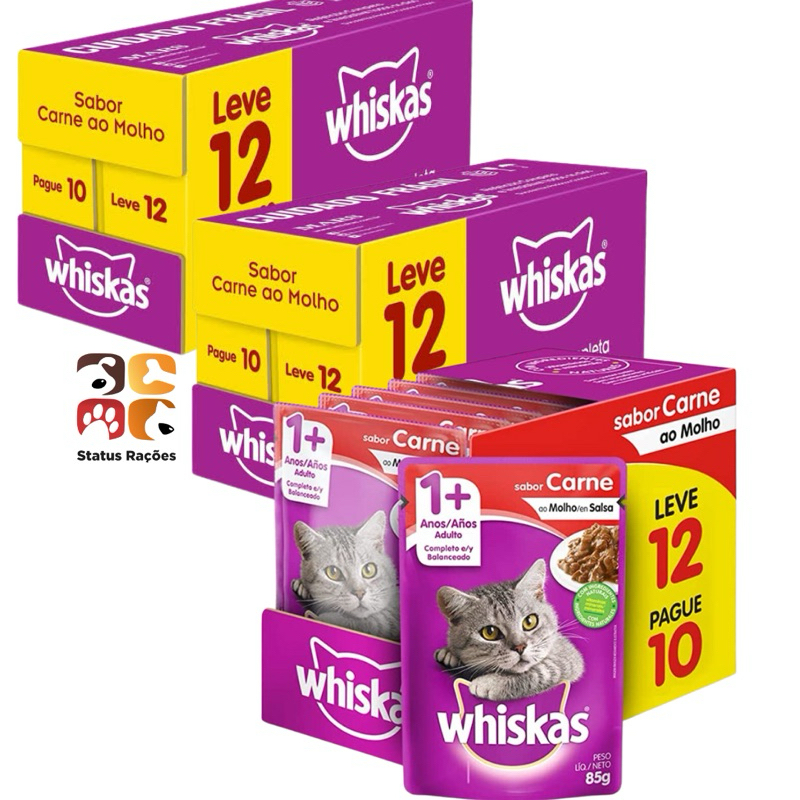 03 CAIXAS LEVE 12 PAGUE 10 Ração Úmida Whiskas Sache Carne ao Molho para Gatos Adultos 85g (36 UND)