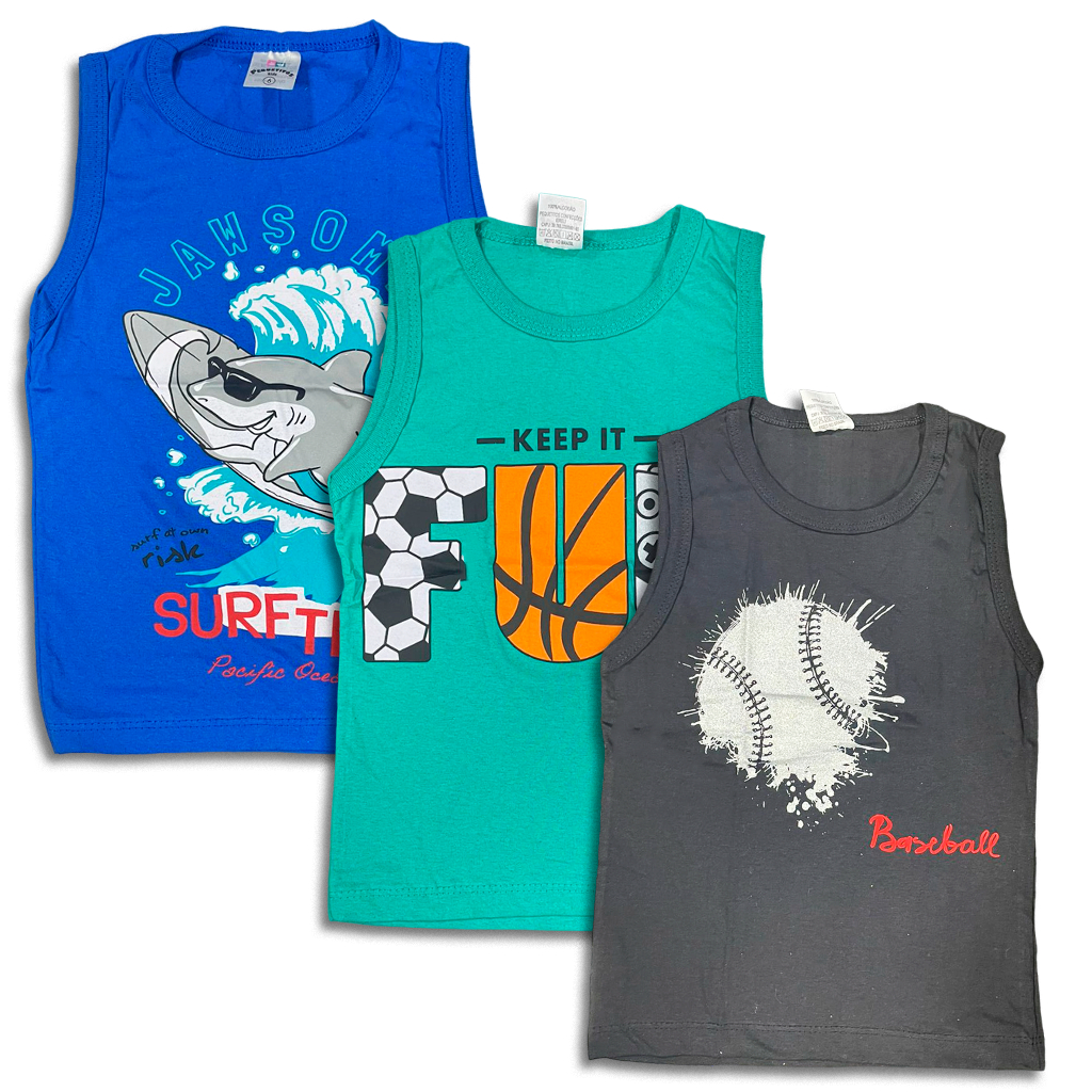 Kit 2 Camiseta Regata Infantil Menino Estampada 1 a 16 Anos 100% Algodão