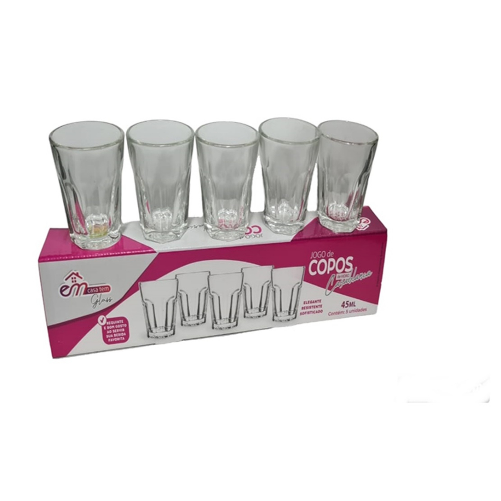 Jogo 5 Copos Shot Vidro Tequila Cachaça Vodka Dose 45ml Bar