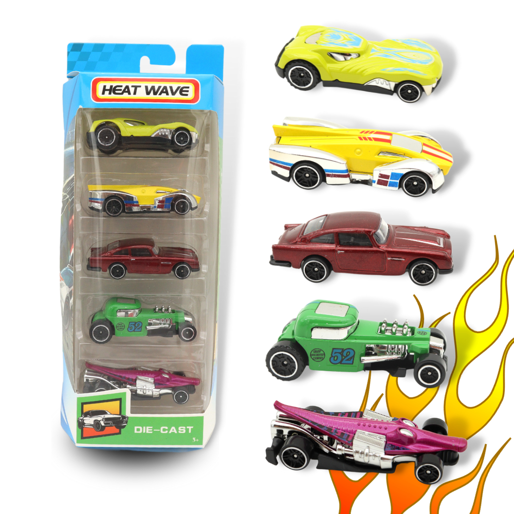 Kit 5 Carrinhos Colecionáveis de Corrida Heat Wave Brinquedo Divertido