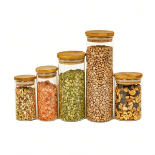 Kit 5 Potes De Vidro para Mantimentos com Tampa Bambu pequeno  200ml 250ml 300ml 400ml 550ml em Oferta na Shopee