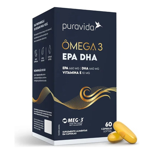 Ômega 3 Epa e Dha Vitamina E Pura Vida Meg-3, 60 Capsulas em Oferta na Shopee