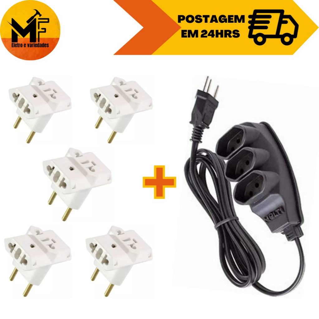 Kit 5 Unidades de Adaptador Benjamim + Extensão Elétrica de 3, 5 ou 10 Metros com 3 Tomadas 110/220V