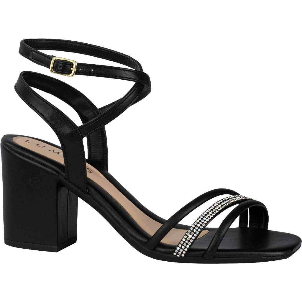 Sandália Feminina Lumiss Tiras Strass Brilho Cristal Salto Grosso Médio Confortável Saltinho Fashion