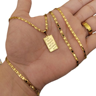 Kit Conjunto Corrente Masculino Com Pulseira E Pingente Tudo Posso Moeda Antiga Banhado A Ouro 18k