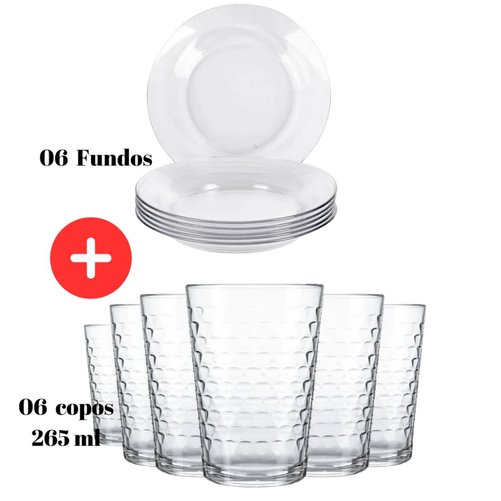 Kit Jogo 12 Peças 06 Prato Astral Fundo + 06 Copo Batuque 265 ML Aparelho Jantar Vidro Jogo Temperado Transparente Nadir Borda Liso Lisa Almoço  Microondas Platos Resistente Suco Refrigerante Coca