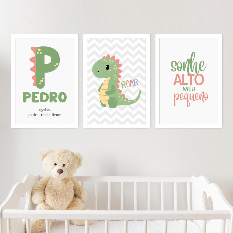 Kit 3 Quadros Decorativos Infantil Personalizado Nome Bebê Para Quarto Ou Porta Maternidade Dinossauro