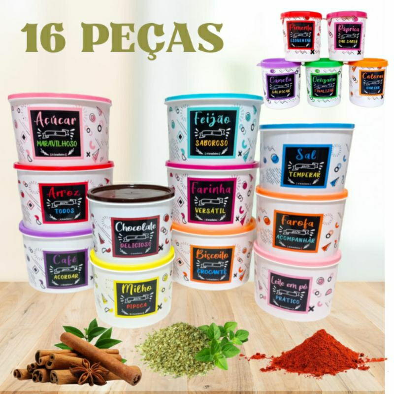 Super Kit Conjunto Para Mantimentos, Porta Condimentos, Tempero 16 potes Decorados Cozinha Armazenamento