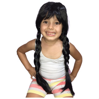 Peruca Wandinha Com Franja e Tranças50 CM Grandes Fantasia Infantil Vandinha A dans Cosplay Festa