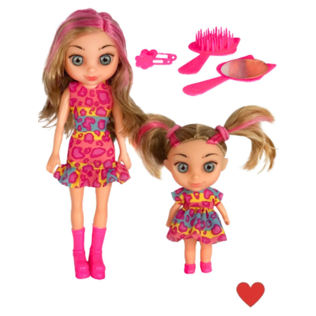 Brinquedo Boneca Juju Mommy Infantil Vinil Mamãe Filhinha Beleza Presilhas Escova Vestido Tecido Cabelo Rosa Crianças Me