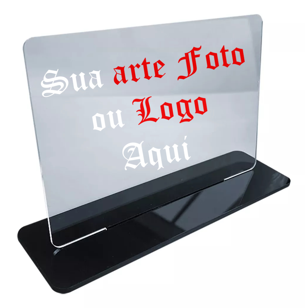 Placa Display Acrilico Transparente Cristal Personalizado Diversos tamanhos com base preta em Oferta na Shopee