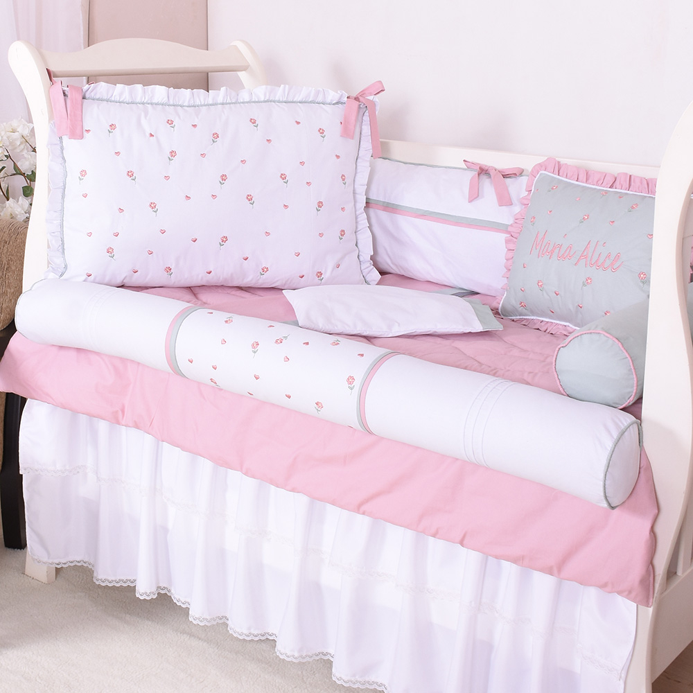 Kit Berço Personalizado Toque de Amor Branco/Verde/Rosê - 09 Peças